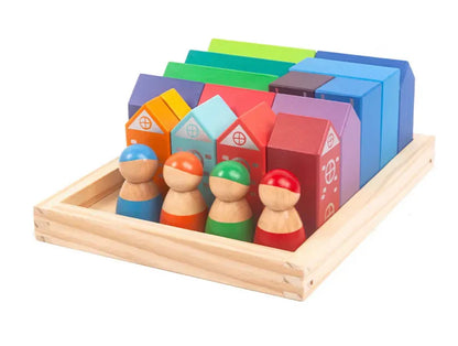 Wooden 4 Dolls and Rainbow Houses Town