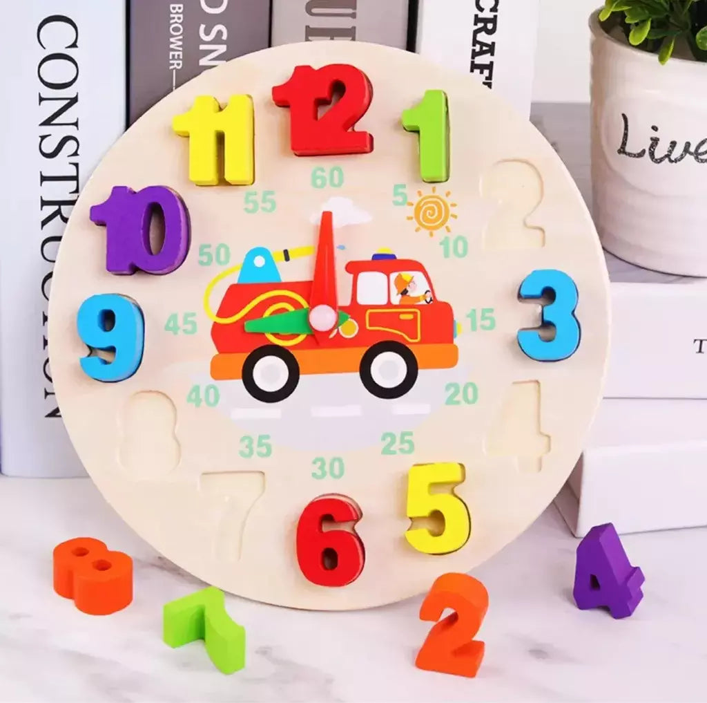 Fidtoy Wooden Clock Learning Toy for Preschoolers | Montessori Shape Sorting Clock, Number Blocks, Color Matching, Time Learning & Fine Motor Toy Age 2+
