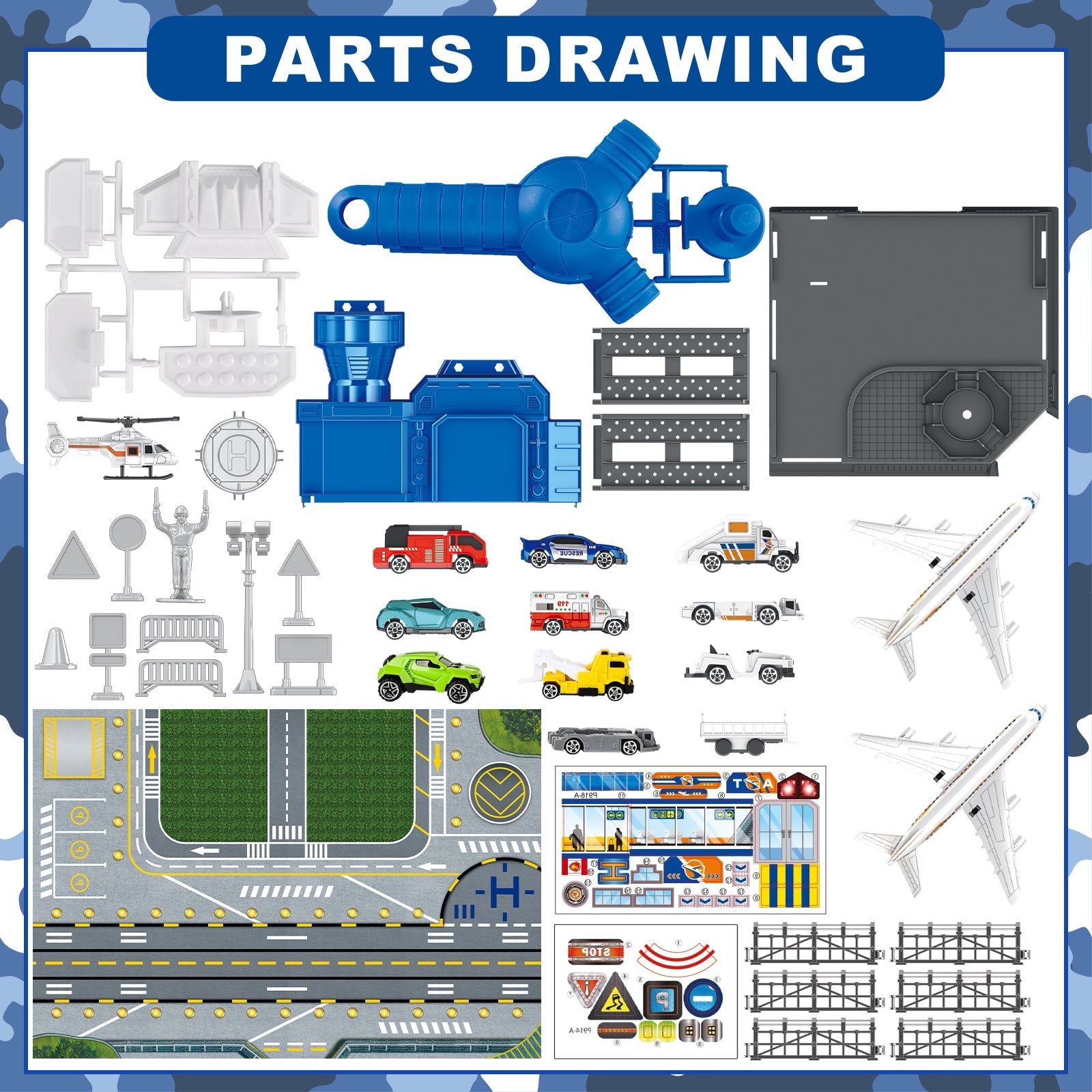 Interactive Aircraft Play Set for Kids with Big Battle Map Trucks aircraft tower and you get 2 airliners, 1 helicopter, aircraft trailer, aircraft lift, luggage truck, sports car, police car, ambulance and fire truck Military Toys for 3+