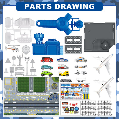 Interactive Aircraft Play Set for Kids with Big Battle Map Trucks aircraft tower and you get 2 airliners, 1 helicopter, aircraft trailer, aircraft lift, luggage truck, sports car, police car, ambulance and fire truck Military Toys for 3+