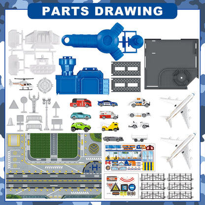 Interactive Aircraft Play Set for Kids with Big Battle Map Trucks aircraft tower and you get 2 airliners, 1 helicopter, aircraft trailer, aircraft lift, luggage truck, sports car, police car, ambulance and fire truck Military Toys for 3+