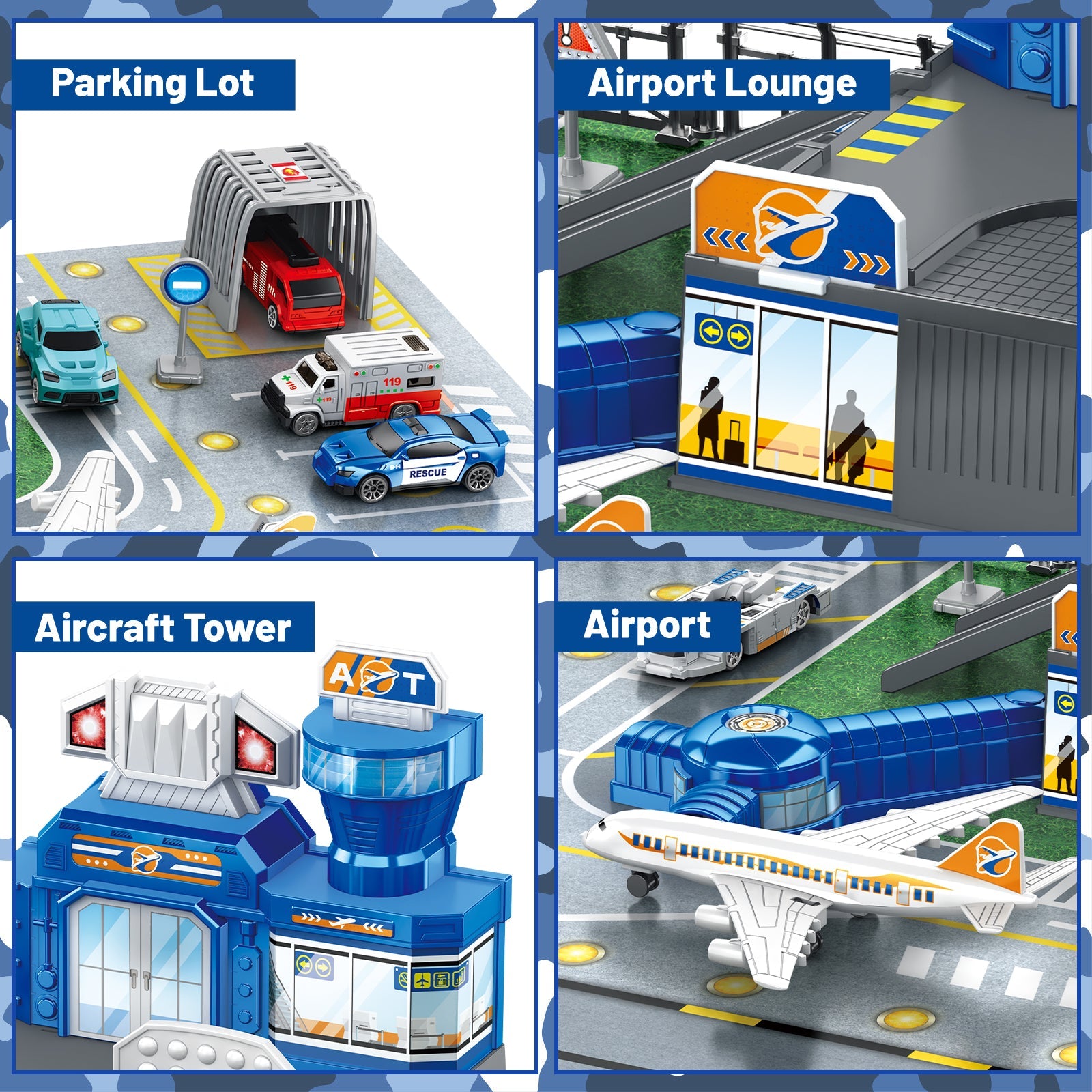 Interactive Aircraft Play Set for Kids with Big Battle Map Trucks aircraft tower and you get 2 airliners, 1 helicopter, aircraft trailer, aircraft lift, luggage truck, sports car, police car, ambulance and fire truck Military Toys for 3+