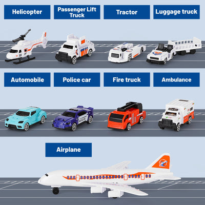 Interactive Aircraft Play Set for Kids with Big Battle Map Trucks aircraft tower and you get 2 airliners, 1 helicopter, aircraft trailer, aircraft lift, luggage truck, sports car, police car, ambulance and fire truck Military Toys for 3+