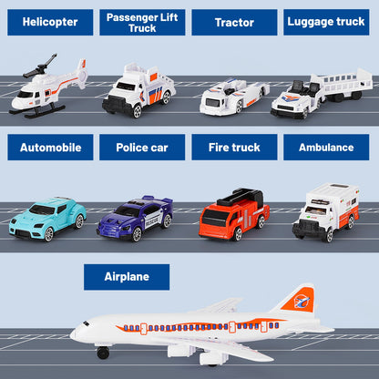 Interactive Aircraft Play Set for Kids with Big Battle Map Trucks aircraft tower and you get 2 airliners, 1 helicopter, aircraft trailer, aircraft lift, luggage truck, sports car, police car, ambulance and fire truck Military Toys for 3+