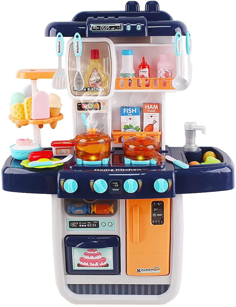 ‘My Little Chef’ Miniature Kitchen Play Set with 34 Accessories, Induction Hob, Water, Light and Sound Features (BLUE)