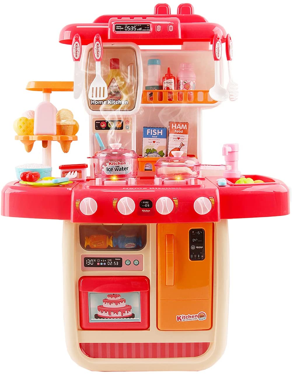 ¡®My Little Chef¡¯ Miniature Kitchen Play Set with 34 Accessories Induction Hob Colour Changing Toy Food Water Light Sound Features (PINK)