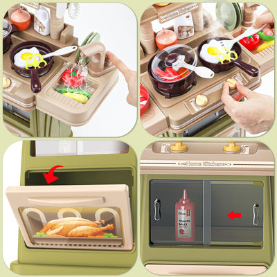 Green Pretend Kitchen Roly Play Set Kids Toy with Water Light Steam Features Gift Battery Operated Light and Sound