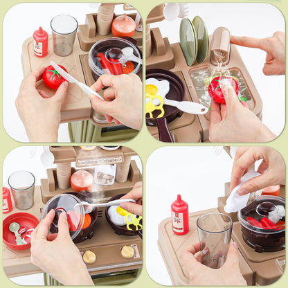 Green Pretend Kitchen Roly Play Set Kids Toy with Water Light Steam Features Gift Battery Operated Light and Sound