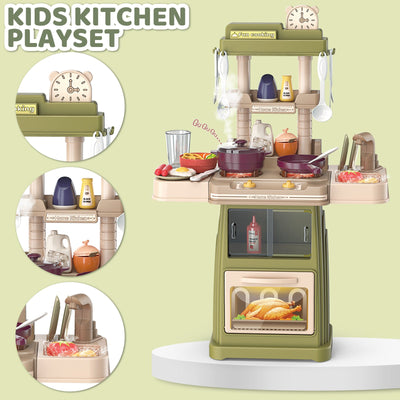 Green Pretend Kitchen Roly Play Set Kids Toy with Water Light Steam Features Gift Battery Operated Light and Sound