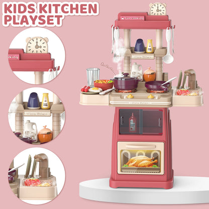 Kids Kitchen Toy Set with Light & Sound Pretend Kitchen Role Play Set with Steam Cooker Hood Sink Cooking Toy Birthdays Christmas Gift