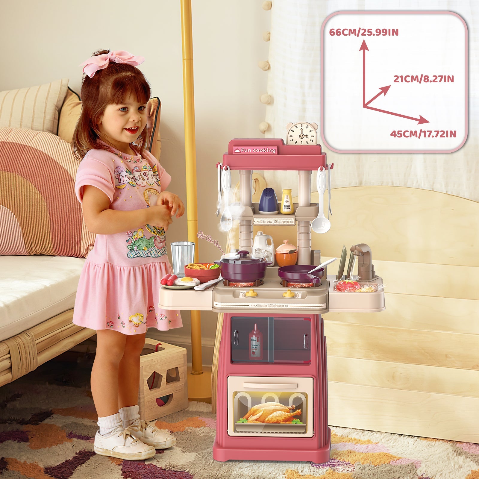 Kids Kitchen Toy Set with Light & Sound Pretend Kitchen Role Play Set with Steam Cooker Hood Sink Cooking Toy Birthdays Christmas Gift