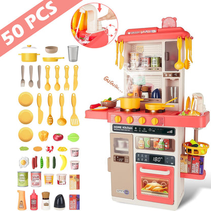 Pink Kitchen Playset Toy with Realistic Lights & Sounds Simulation of Spray Features Pretend Role Play Toys with Lots of Kitchen Accessories