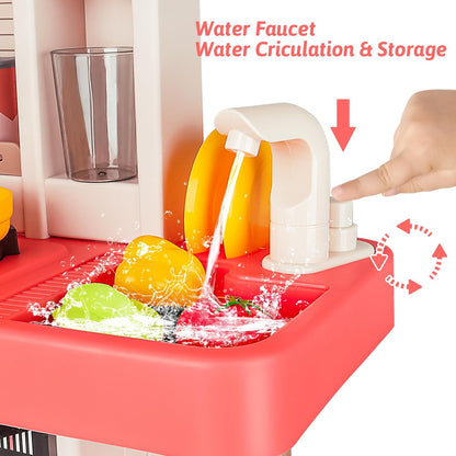 Pink Kitchen Playset Toy with Realistic Lights & Sounds Simulation of Spray Features Pretend Role Play Toys with Lots of Kitchen Accessories