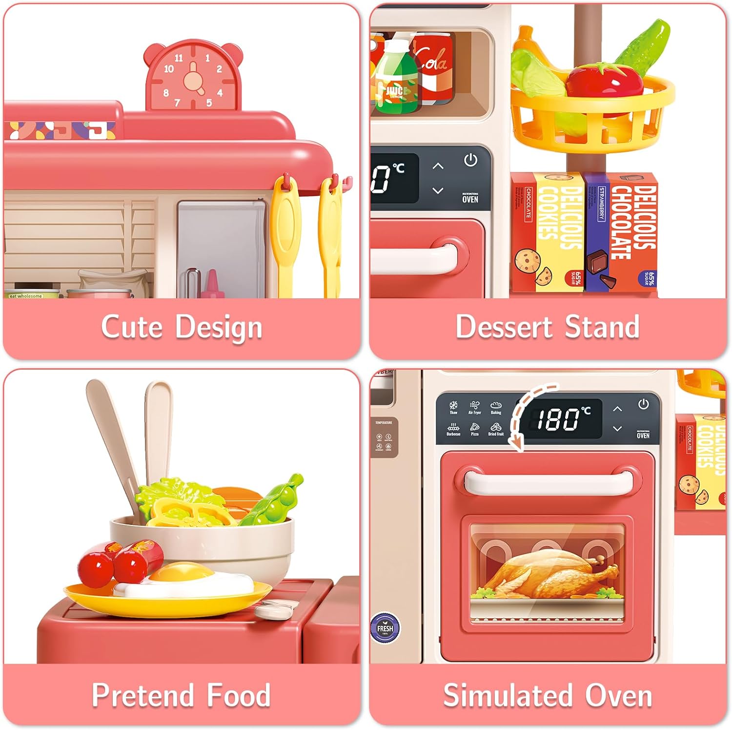 Pink Kitchen Playset Toy with Realistic Lights & Sounds Simulation of Spray Features Pretend Role Play Toys with Lots of Kitchen Accessories