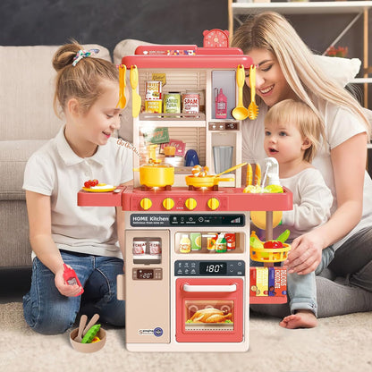 Pink Kitchen Playset Toy with Realistic Lights & Sounds Simulation of Spray Features Pretend Role Play Toys with Lots of Kitchen Accessories