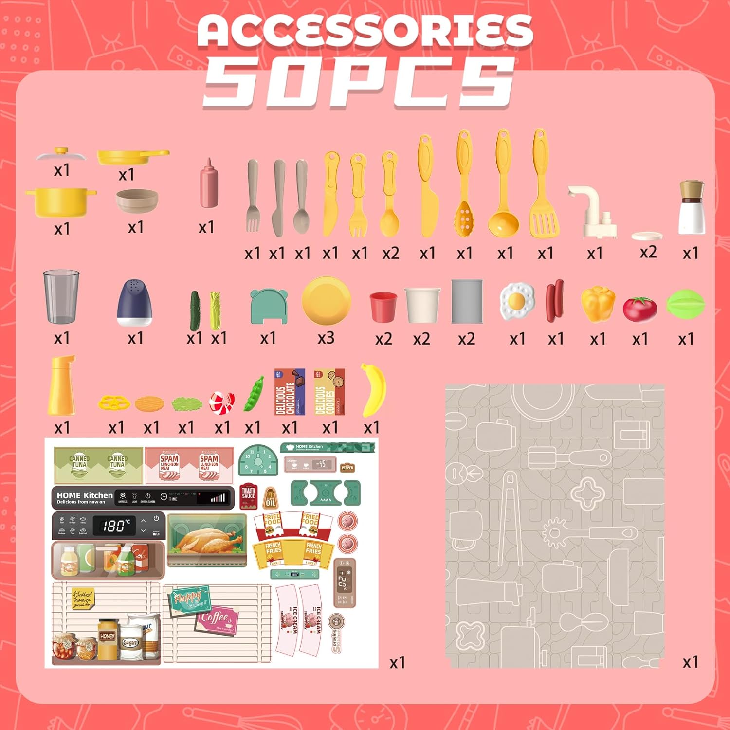 Pink Kitchen Playset Toy with Realistic Lights & Sounds Simulation of Spray Features Pretend Role Play Toys with Lots of Kitchen Accessories