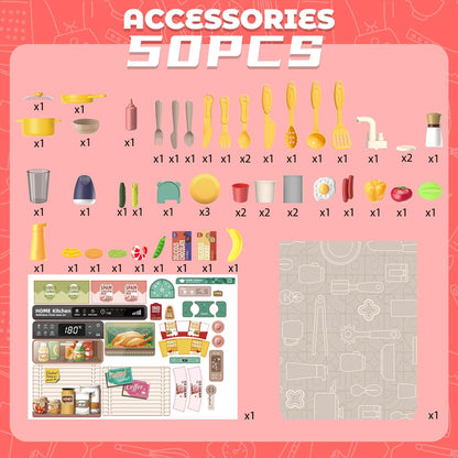 Pink Kitchen Playset Toy with Realistic Lights & Sounds Simulation of Spray Features Pretend Role Play Toys with Lots of Kitchen Accessories