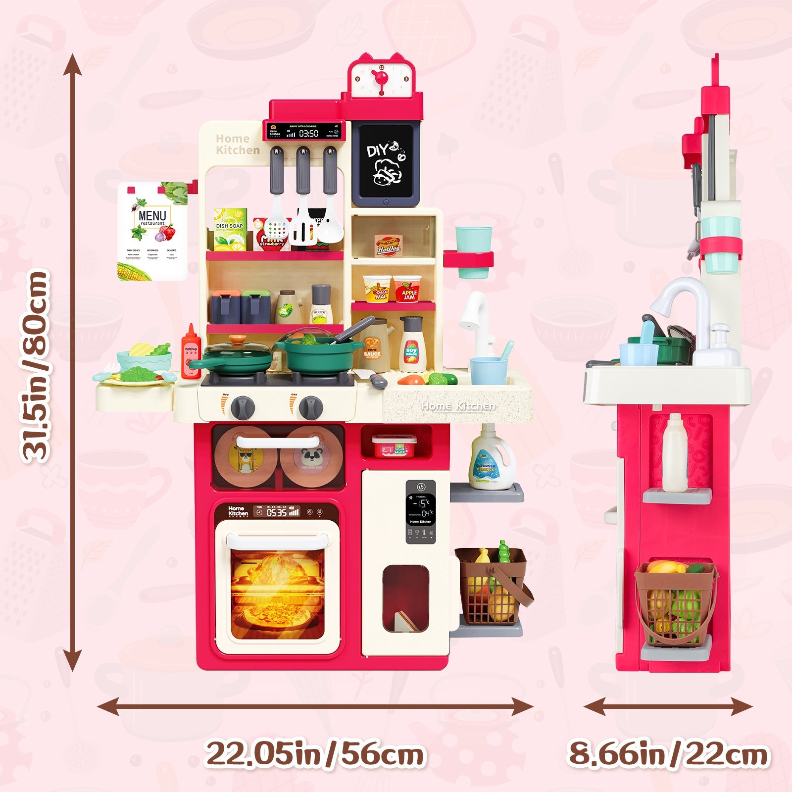 Interactive Kids Kitchen Playset with Realistic Features and Accessories with play food, stove, oven, storage space, and kitchen appliances