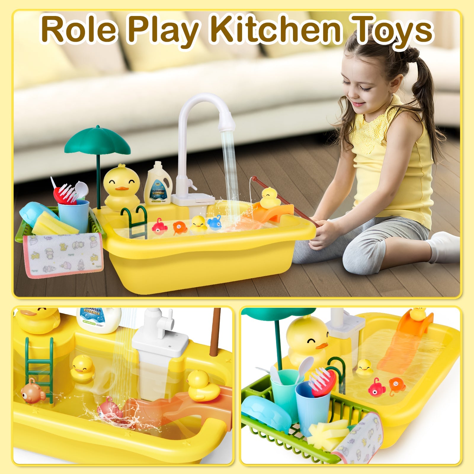 Yellow Kitchen Pretend Play Dishwasher Toy Sets Real Running Water Kids with Kitchen Accessories for Children Gift