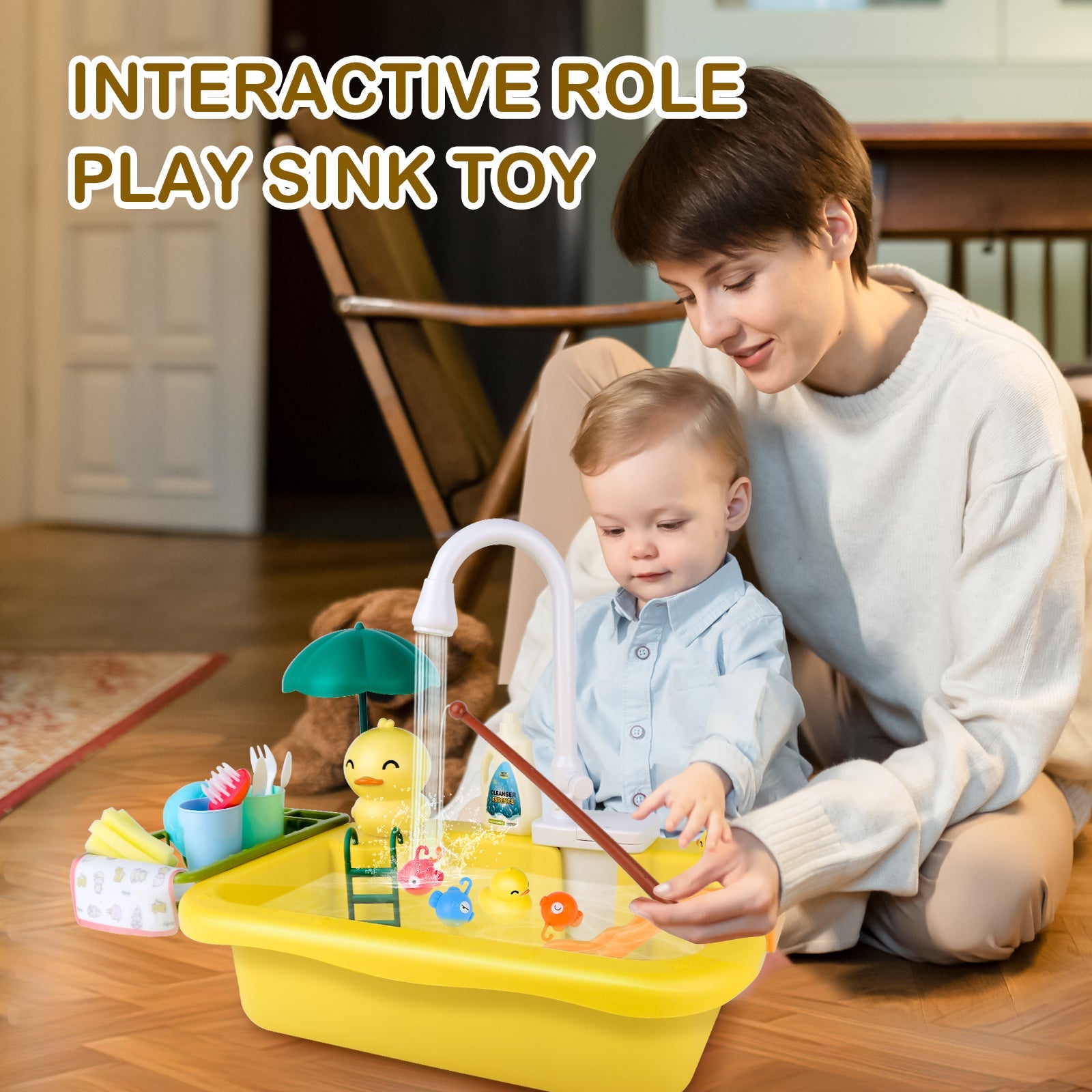 Yellow Kitchen Pretend Play Dishwasher Toy Sets Real Running Water Kids with Kitchen Accessories for Children Gift