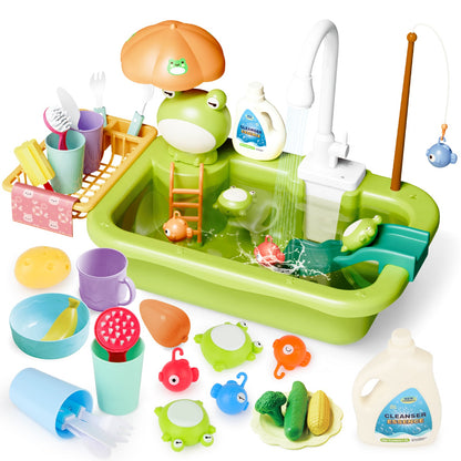 Green Frog Kitchen Play Sink with Running Water Pretend Play Wash-up Kitchen Sets Upgraded Water Faucet Kids Role Play Dishwasher Toy