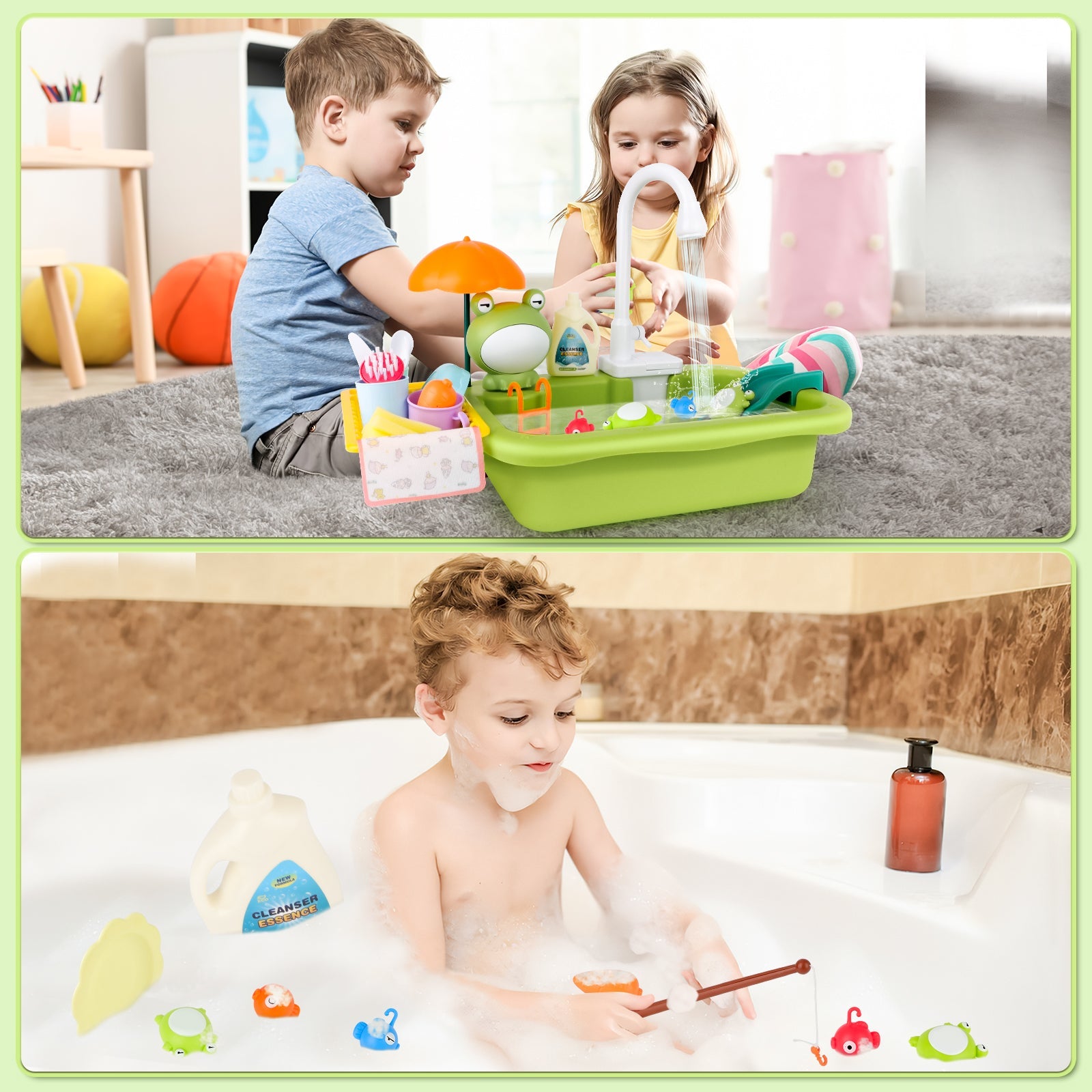 Green Frog Kitchen Play Sink with Running Water Pretend Play Wash-up Kitchen Sets Upgraded Water Faucet Kids Role Play Dishwasher Toy