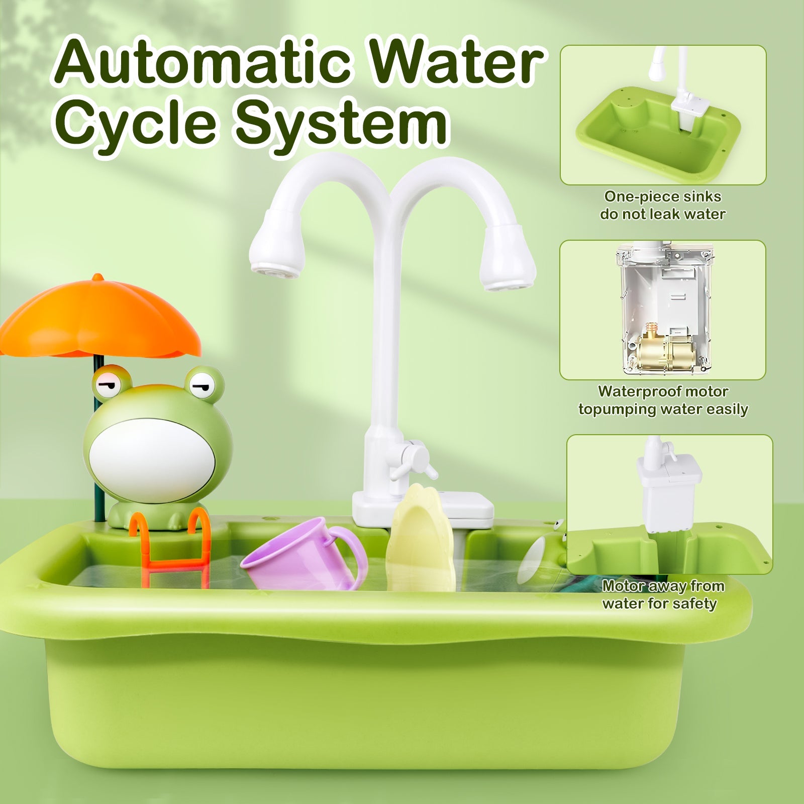 Green Frog Kitchen Play Sink with Running Water Pretend Play Wash-up Kitchen Sets Upgraded Water Faucet Kids Role Play Dishwasher Toy
