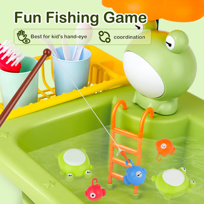 Green Frog Kitchen Play Sink with Running Water Pretend Play Wash-up Kitchen Sets Upgraded Water Faucet Kids Role Play Dishwasher Toy