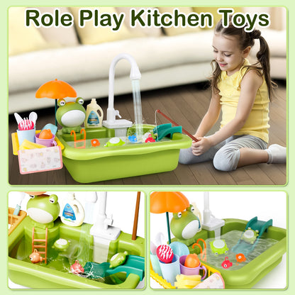 Green Frog Kitchen Play Sink with Running Water Pretend Play Wash-up Kitchen Sets Upgraded Water Faucet Kids Role Play Dishwasher Toy