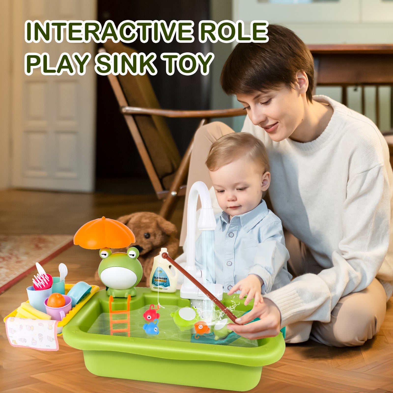 Green Frog Kitchen Play Sink with Running Water Pretend Play Wash-up Kitchen Sets Upgraded Water Faucet Kids Role Play Dishwasher Toy