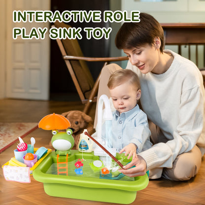 Green Frog Kitchen Play Sink with Running Water Pretend Play Wash-up Kitchen Sets Upgraded Water Faucet Kids Role Play Dishwasher Toy