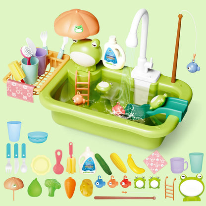 Green Frog Kitchen Play Sink with Running Water Pretend Play Wash-up Kitchen Sets Upgraded Water Faucet Kids Role Play Dishwasher Toy