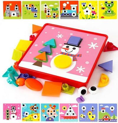 Fidtoy Geometric Button Puzzle with Storage Box, Plastic Shape and Color Matching Toy with 22 Geometric Buttons, 12 Picture Cards and 2 Fixing Clips Ages 3+