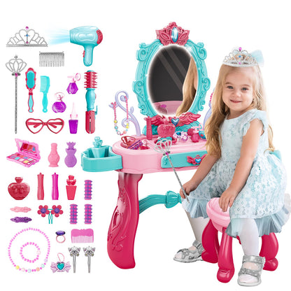 Princess Vanity Dressing Table with Stool Children Role Play Makeup Styling Set Toy Gifts