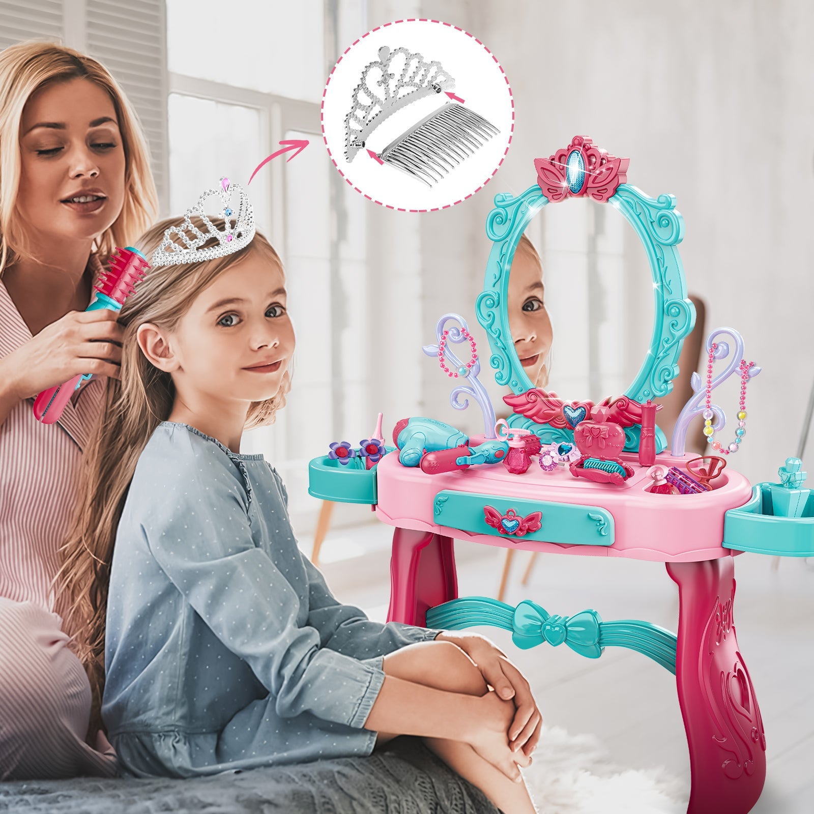 Princess Vanity Dressing Table with Stool Children Role Play Makeup Styling Set Toy Gifts