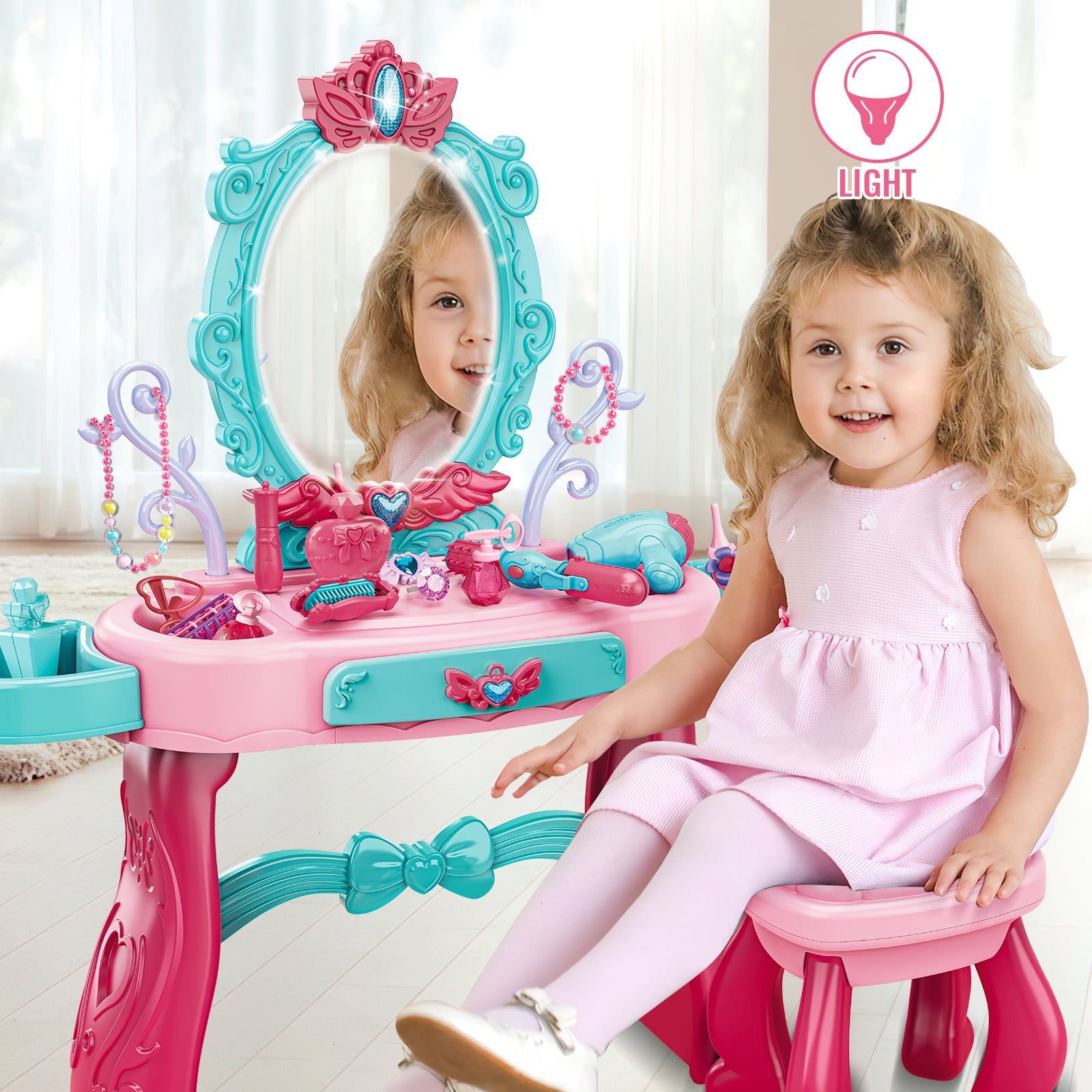 Princess Vanity Dressing Table with Stool Children Role Play Makeup Styling Set Toy Gifts