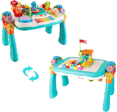 2 in 1 Multifunctional Bluetooth Learning Activity Table w/Building Blocks Panel Sound and Light Functions Great Christmas Gift for Kids