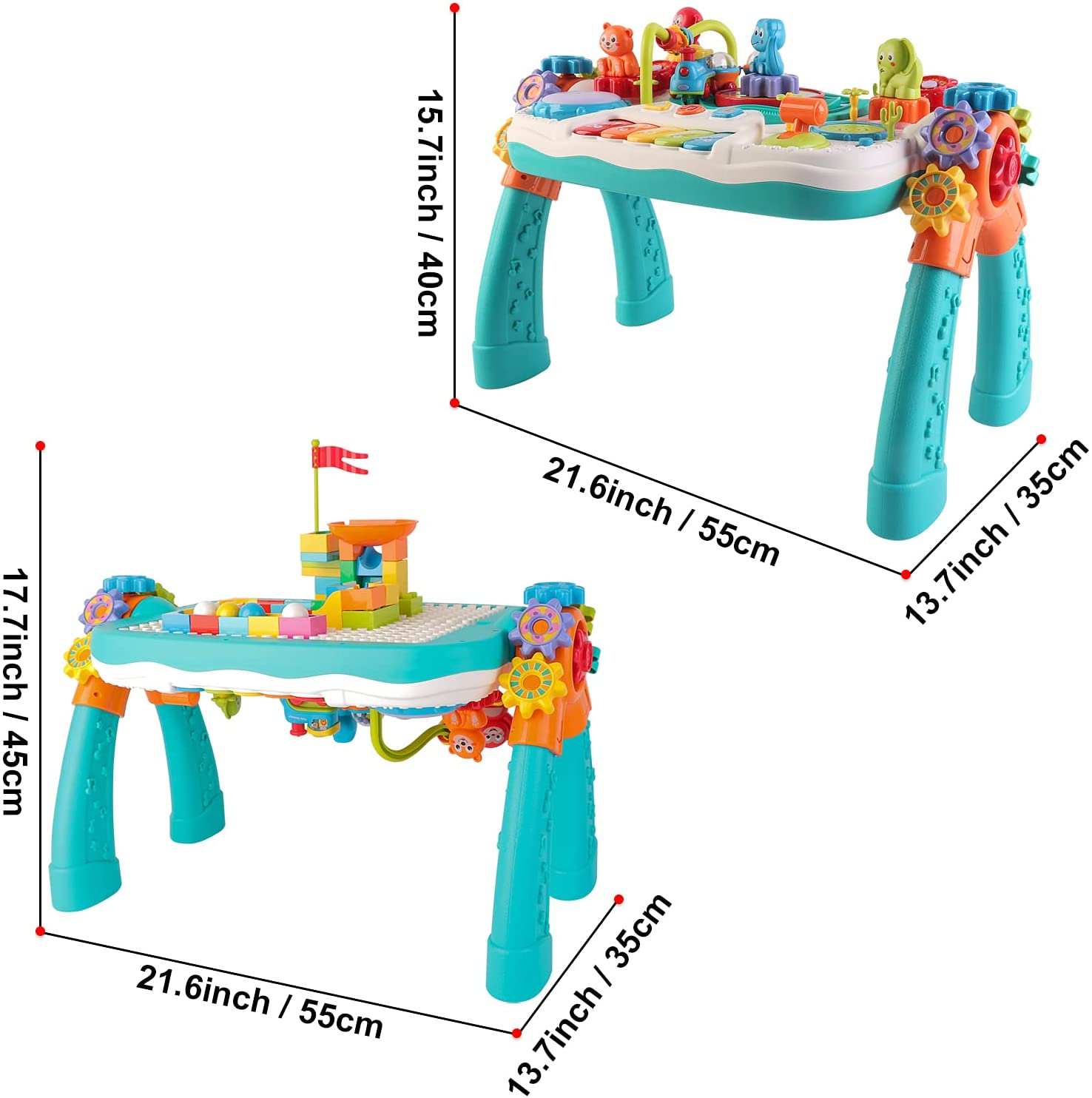 2 in 1 Multifunctional Bluetooth Learning Activity Table w/Building Blocks Panel Sound and Light Functions Great Christmas Gift for Kids