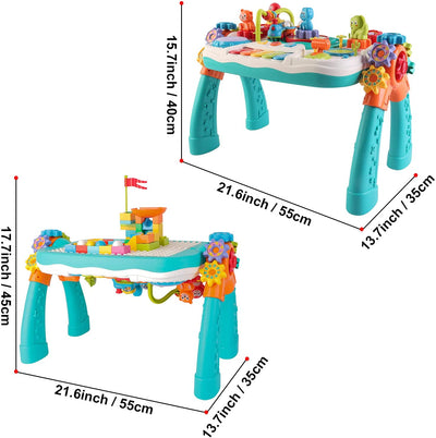 2 in 1 Multifunctional Bluetooth Learning Activity Table w/Building Blocks Panel Sound and Light Functions Great Christmas Gift for Kids