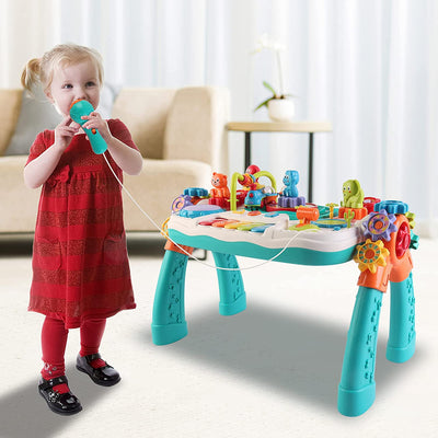 2 in 1 Multifunctional Bluetooth Learning Activity Table w/Building Blocks Panel Sound and Light Functions Great Christmas Gift for Kids