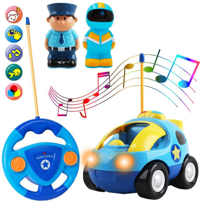 2 Dolls Remote Control Cartoon Car for Toddlers with Light Music RC Police Car Toys Prefect Birthday Xmas Gift Present for Kids