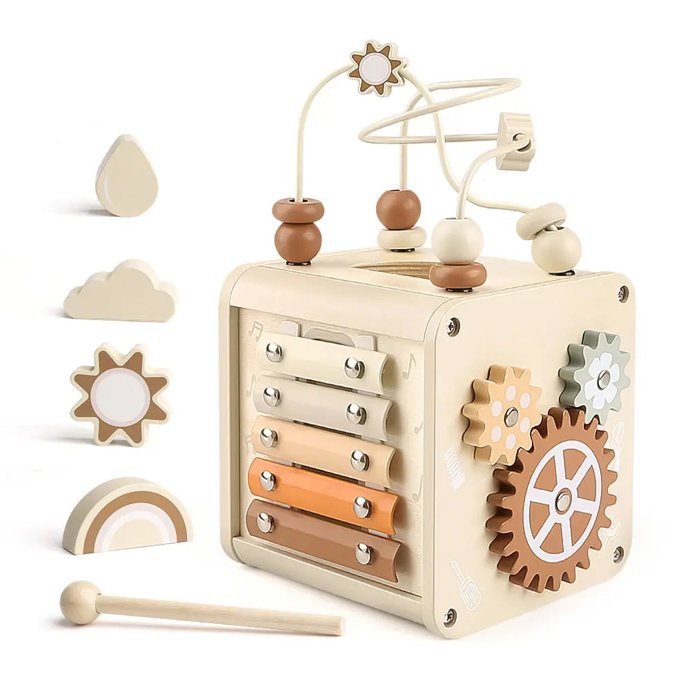 Fidtoy Cube d'activités en bois pour tout-petits, jouet d'éveil Montessori, batterie musicale, 12 mois et plus