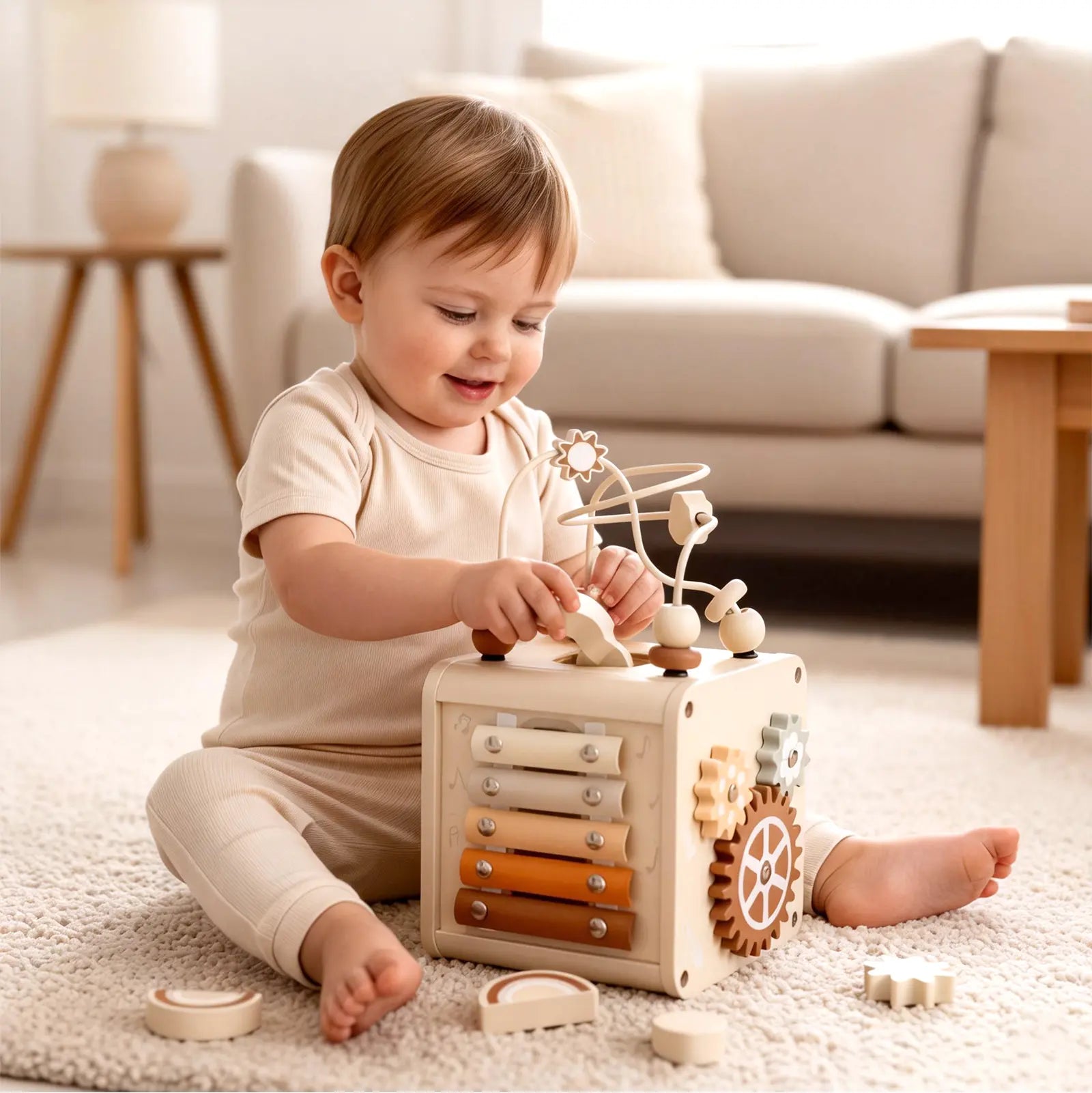 Fidtoy Cube d'activités en bois pour tout-petits, jouet d'éveil Montessori, batterie musicale, 12 mois et plus