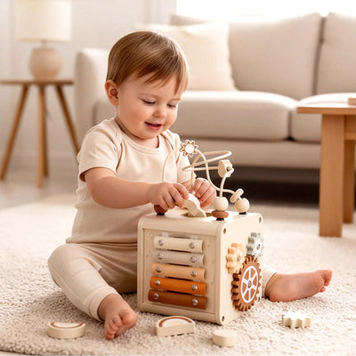 Fidtoy Cube d'activités en bois pour tout-petits, jouet d'éveil Montessori, batterie musicale, 12 mois et plus