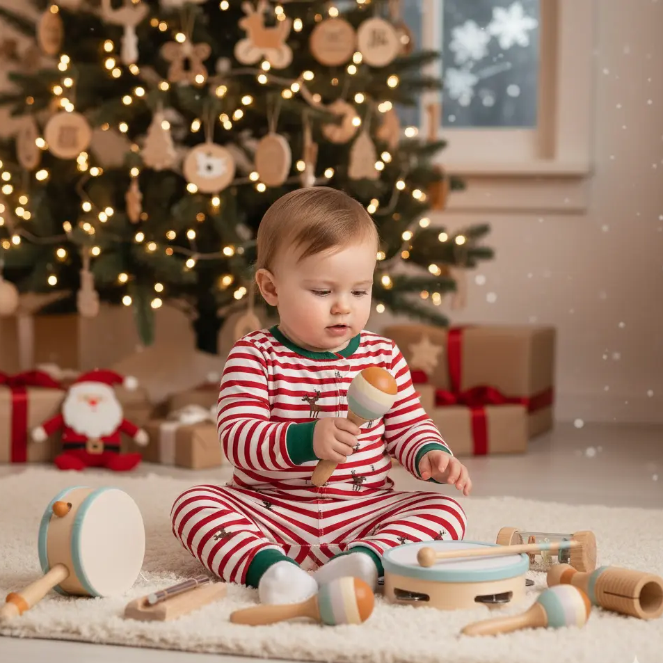Fidtoy 8-Piece Wooden Musical Toys for Toddlers Rhythm Instruments Set with Drum Bells and Maracas