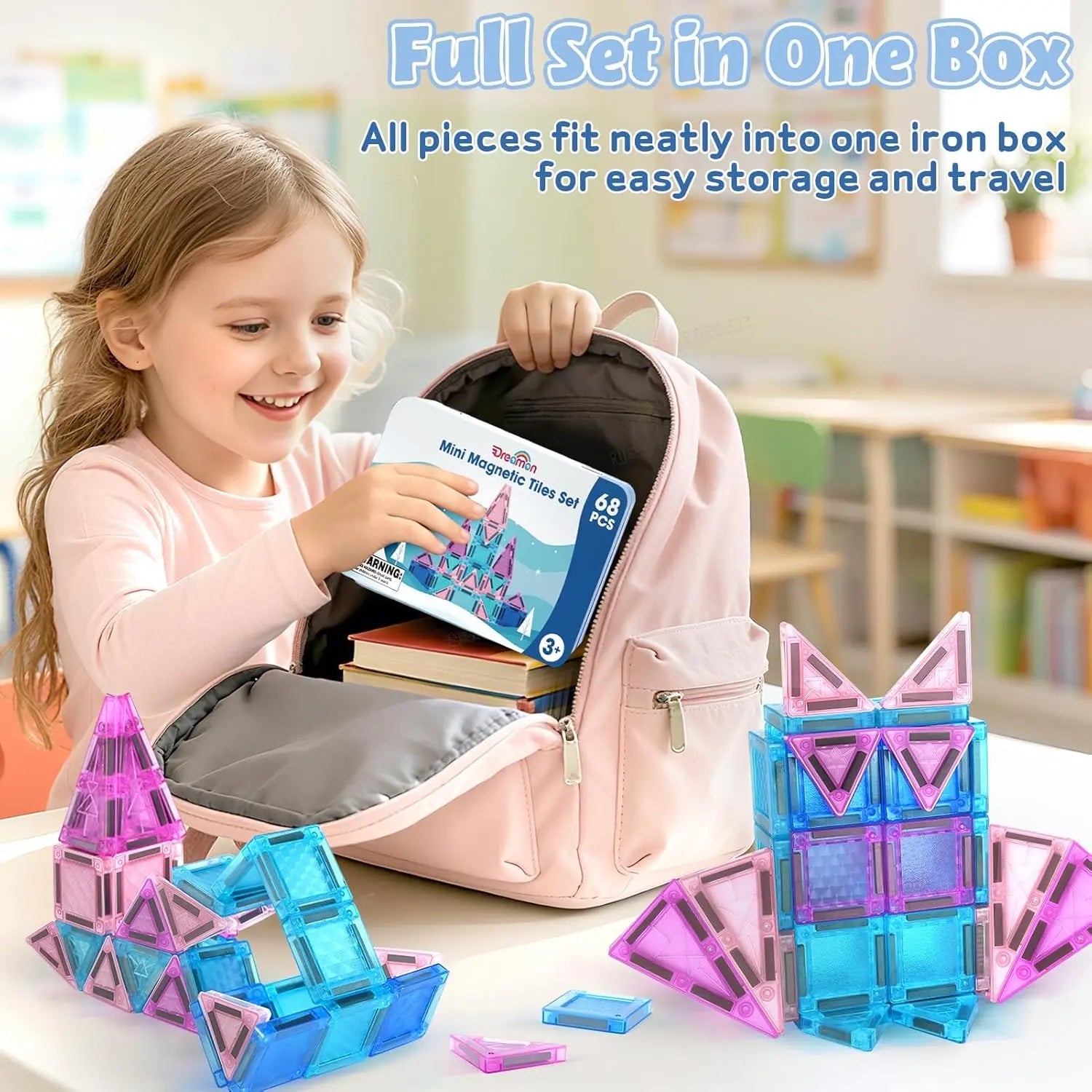 68 PCS Mini Magnetic Tiles Travel Set for Kids Ages 3+