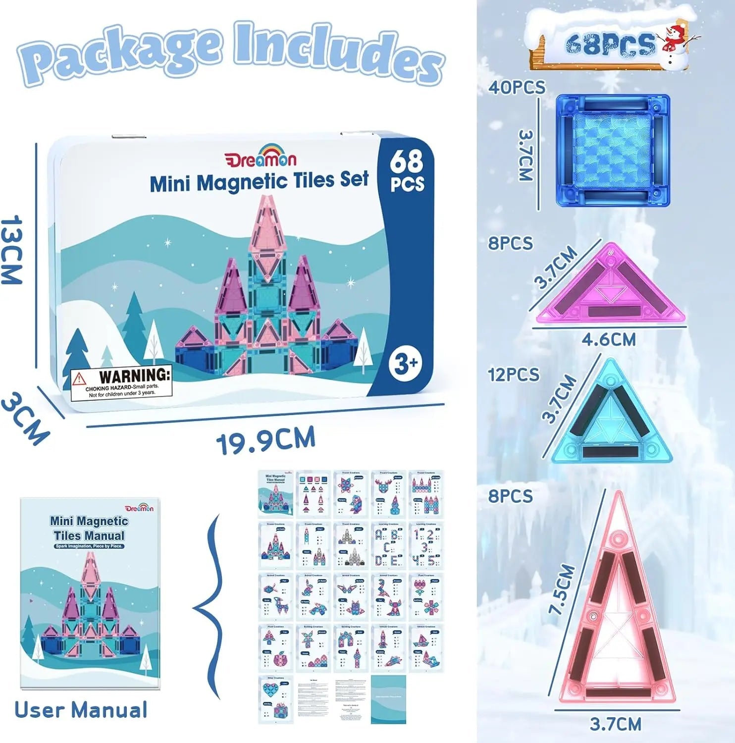 68 PCS Mini Magnetic Tiles Travel Set for Kids Ages 3+