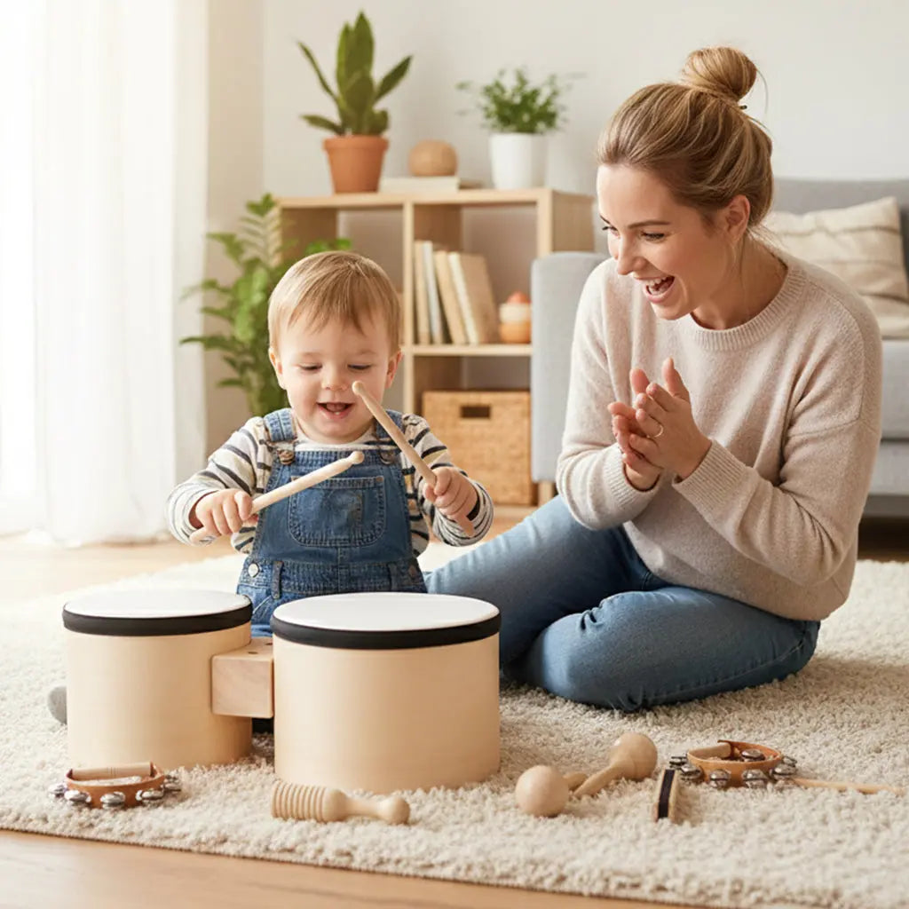 Fidtoy - Juguetes Musicales de 7 Piezas para Niños Pequeños, Set de Instrumentos de Madera, Tambor, Campanas, Maracas, Juguetes Educativos