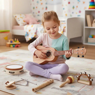 Fidtoy Ensemble d'instruments de musique 7 pièces pour tout-petits - Ukulélé et jouets d'apprentissage du rythme pour enfants