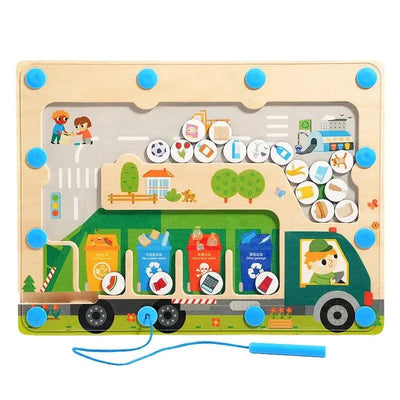 Fidtoy Magnetic Pickup Truck Board – Montessori Maze Toy for Preschoolers’ Fine Motor and Recycling Skills